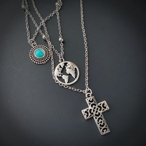 Silver Multilayer Necklace Filigree Cross Globe